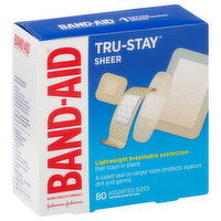 Band Aid Bandages, Tru-Stay Sheer, Assorted Sizes, 80 Each