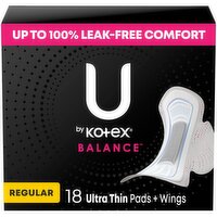 U by Kotex Balance UItra Thin Regular Pads + Wings, 18 Each