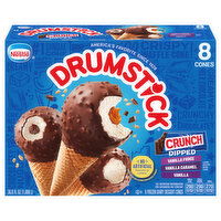 Drumstick Frozen Dairy Dessert Cones, Vanilla Fudge/Vanilla Caramel/Vanilla, Crunch Dipped, 8 Each