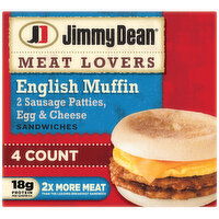 Jimmy Dean Meat Lovers English Muffin Breakfast Sandwiches with Two Sausage Patties, Egg, and Cheese, Frozen, 4 Each
