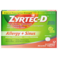 Zyrtec-D Allergy + Sinus, Original Prescription Strength, Extended Release Tablets, 12 Each