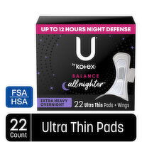 U by Kotex Balance Extra Heavy Overnight Ultra Thin Pads + Wings, 22 Each