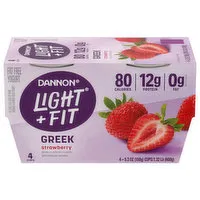 Dannon Light + Fit Yogurt, Fat Free, Greek, Strawberry, 4 Each