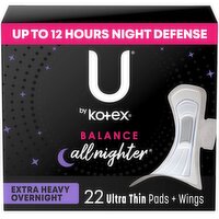 U by Kotex Balance Pads + Wings, Ultra Thin, Extra Heavy Overnight, 22 Each