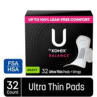 U by Kotex Balance Ultra Thin Heavy Pads + Wings, 32 Each