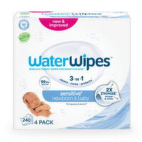 WaterWipes Sensitive+ Newborn & Baby Wipes 3-In-1 Cleans, Cares, Protects, 99.9% Water, Unscented & Hypoallergenic, 4 Packs, 240 Each