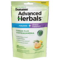 Dramamine Advanced Herbals Nausea + Stress Support, Ginger Plus Ashwagandha, Lozenges, 20 Each