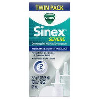 Vicks Nasal Decongestant Vicks Sinex SEVERE Nasal Spray, Ultra Fine Mist, 265 Sprays x 2, 1 Ounce