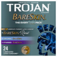 Trojan BareSkin The EveryThin Pack Raw/Original/Studded Lubricated Latex Condoms, 24 Each
