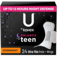 U By Kotex Balance Thin Feminine Pads with Wings, Overnight, Unscented, 12 Each