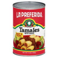 La Preferida Tamales, with Sauce, Beef & Pork, 15 Ounce