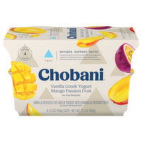 Chobani Yogurt, Greek, Reduced Fat, Vanilla, Mango Passion Fruit on the Bottom, Value 4 Pack, 4 Each