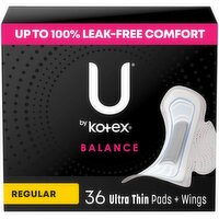 U by Kotex Balance Pads + Wings, Ultra Thin, Regular, 36 Each