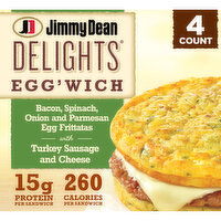 Jimmy Dean Delights Egg’wich Breakfast Sandwiches with Bacon, Spinach, Caramelized Onions, and Parmesan Egg Frittatas with Turkey Sausage and Cheese, Breadless, Frozen, 4 Each