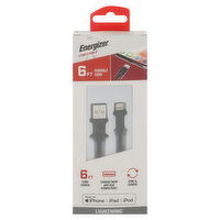 Energizer USB Cable, Durable Cord, Lightning, 6 Ft, 1 Each