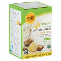 Wild Harvest Herbal Tea, Organic Fairtrade, Lemon Ginger, Caffeine Free, Individually Wrapped Tea Bags, 16 Each