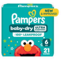Pampers Baby Dry Ultra Cushiony Diapers, Size 6 (23-44 lbs), Up to 100% leakproof disposable diaper, 21 Each