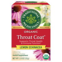 Traditional Medicinals Herbal Supplement, Organic, Throat Coat, Lemon Echinacea, Tea Bags, 16 Each