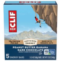 CLIF BAR - Peanut Butter Banana with Dark Chocolate Flavor - Made with Organic Oats - Energy Bars - Non-GMO - Plant Based Protein Bars (5 Pack), 12 Ounce