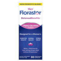 Florastor Balanced Benefits Her Digest and De-Stress Women's Probiotic and Stress Relief Supplement, Probiotics for Digestive Health, Vaginal Probiotics, and L-Theanine for Mind and Body Wellness, 30 Capsules, 30 Each