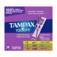 Tampax Radiant Radiant tampons unscented trio pack regular/super/super plus absorbency, 28 Each