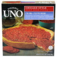 Pizzeria UNO This pizza is made with Mozzarella, Parmesan, and Romano Cheese and Sliced Pepperoni topped with Tomato Sauce on Uno Deep Dish Crust. Enjoy high quality, handmade deep dish restaurant pizza at home as you get together with friends and family any time, 27.3 Ounce