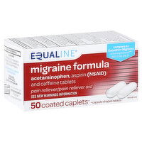 Equaline Pain Reliever, Acetaminophen, Aspirin (NSAID), Caffeine Tablets, Migraine Formula, Caplets, 50 Each