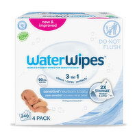 WaterWipes Original 99.9% Water Based Baby Wipes, Unscented & Hypoallergenic for Sensitive Skin, 4 Packs, 240 Each