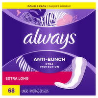 Always Daily Liners Anti-Bunch Xtra Protection Daily Liners, Extra Long, Unscented, 68 Each