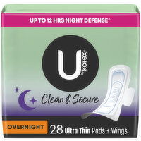 U By Kotex Clean & Secure Ultra Thin Overnight Pads with Wings, 28 Each