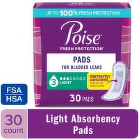 Poise Fresh Potection Regular Light Pads, 30 Each