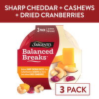 SARGENTO Balanced Breaks® Natural Sharp Cheddar Cheese, Sea-Salted Roasted Cashews and Cherry Juice-Infused Dried Cranberries, 3-Pack, 6.04 Ounce