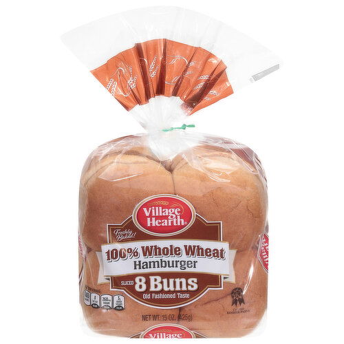 Village Hearth Buns, 100% Whole Wheat, Hamburger, Sliced