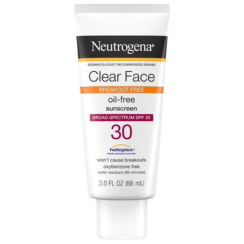 Neutrogena Clear Face Sunscreen, Oil-Free, Breakout Free, Broad Spectrum SPF 30