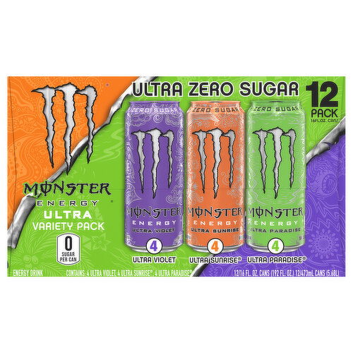 Monster Energy Energy Drink, Zero Sugar, Ultra Violet/Ultra Sunrise/Ultra Paradise, Variety Pack