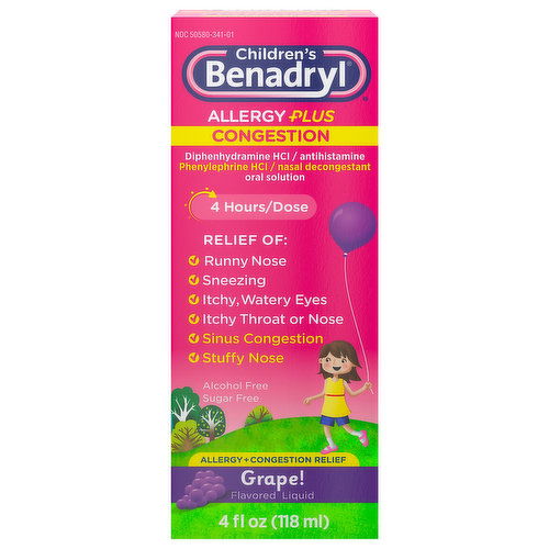 Benadryl Allergy Plus Congestion, Liquid, Grape Flavored