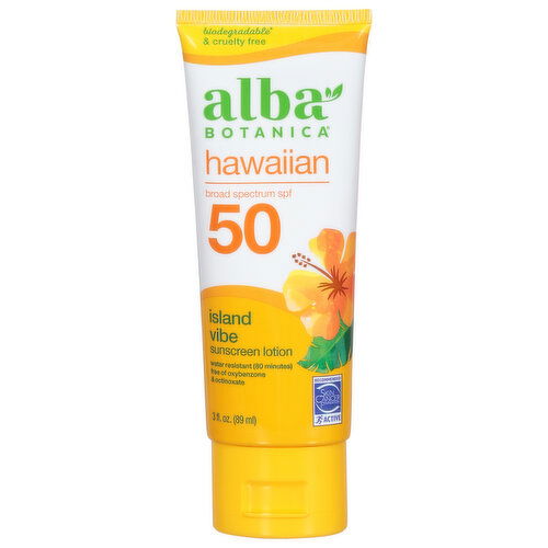 Alba Botanica Sunscreen Lotion, Hawaiian, Island Vibe, Broad Spectrum SPF 50