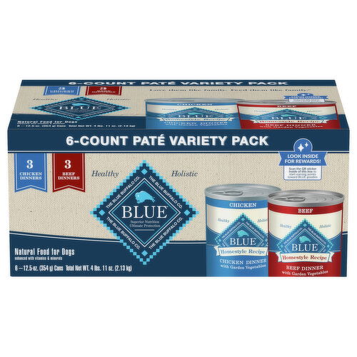 Blue Buffalo Blue Food for Dogs, Natural, Chicken Dinner/Beef Dinner, Pate, Variety Pack