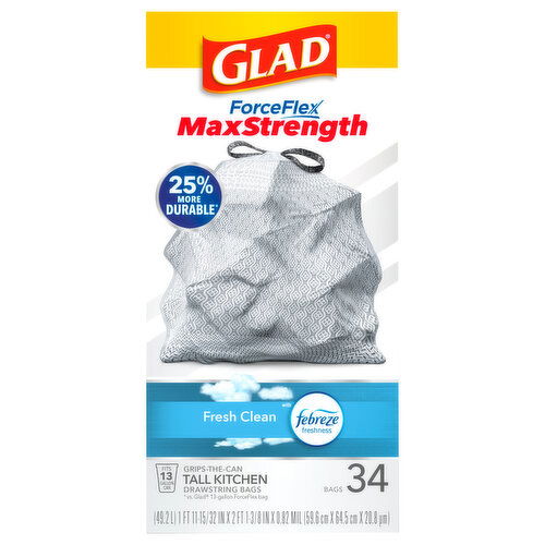 Glad ForceFlex Drawstring Bags, Tall Kitchen, Max Strength, Fresh Clean