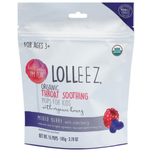 Momeez Choice Lolleez Throat Soothing, Organic, Pops for Kids, Mixed Berry with Elderberry