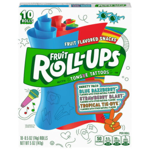 Fruit Roll-Ups Fruit Flavored Snacks, with Tongue-Tattoos, Strawberry Blast/Tropical Tie-Dye/Blue Razzberry, Variety Pack