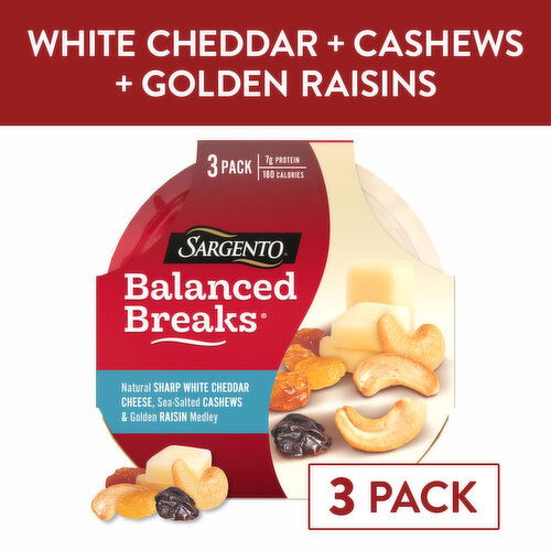 SARGENTO Balanced Breaks® Natural Sharp White Cheddar Cheese, Sea-Salted Roasted Cashews and Golden Raisin Medley, 3-Pack