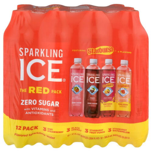 Sparkling Ice Flavored Sparkling Water, Zero Sugar, Assorted, Starburst, The Red Pack
