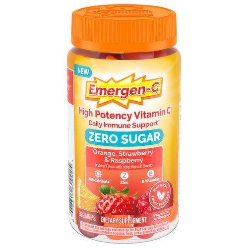 Emergen-C Vitamin C, Zero Sugar, High Potency, Orange, Strawberry & Raspberry, Gummies