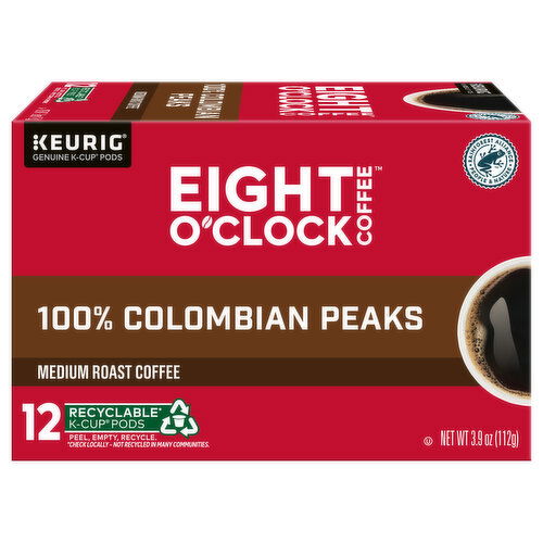 Eight O'Clock Coffee Coffee, Medium Roast, 100% Colombian Peaks, K-Cup Pods