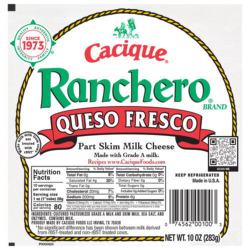 Cacique Ranchero Cheese, Queso Fresco, Part Skim Milk