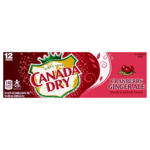 Canada Dry Ginger Ale, Caffeine Free, Cranberry, 12 Pack