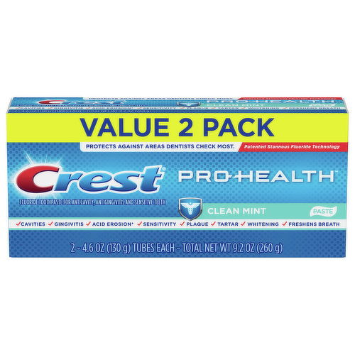 Crest Pro Health Toothpaste, Fluoride, Clean Mint, Value 2 Pack