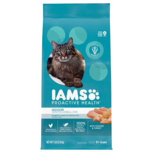 IAMS Cat Food, with Chicken & Turkey, Adult 1+ Years, Weight & Hairball Care, Indoor, Premium