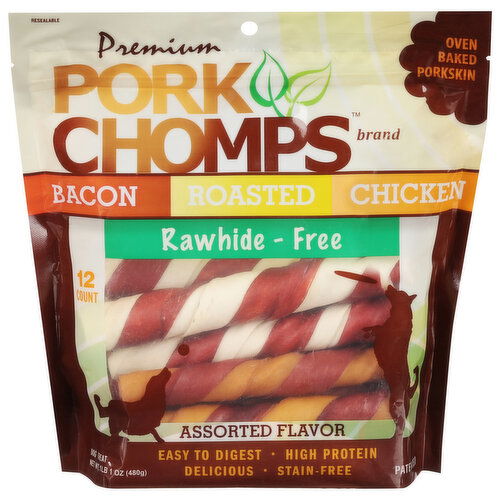 Pork Chomps Dog Treat, Rawhide-Free, Roasted, Assorted Flavor, Premium